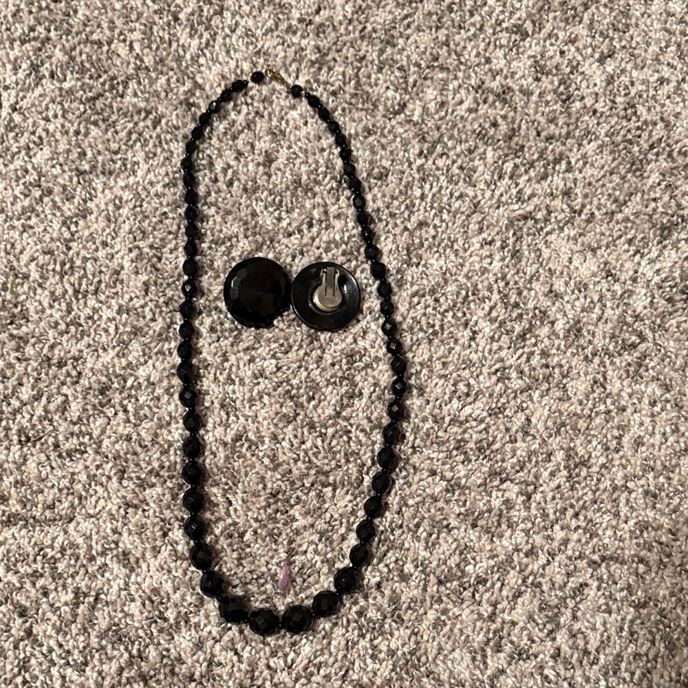Elegant Black Beaded Necklace and clip Earring Set